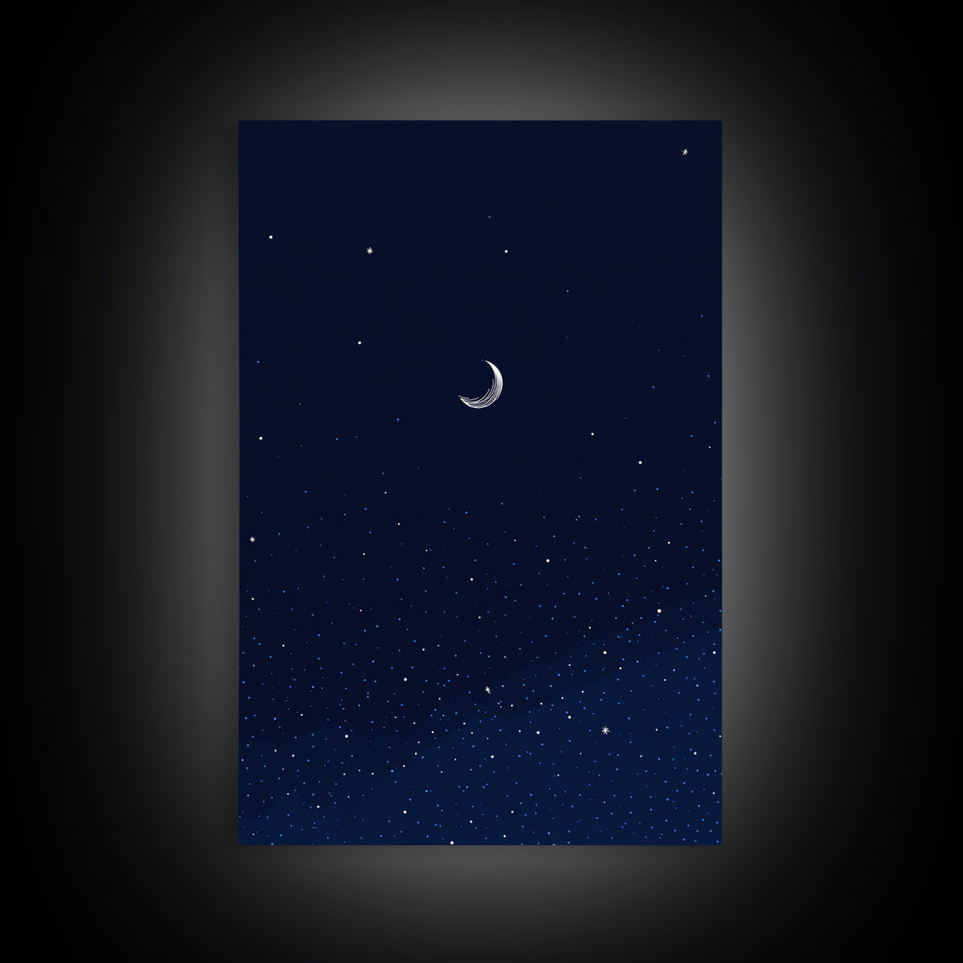 Dark Navy Crescent Moon Wall Art, Starry Sky Minimalist Print, Blue Celestial Decor, Modern Bedroom Poster, Spiritual Gift