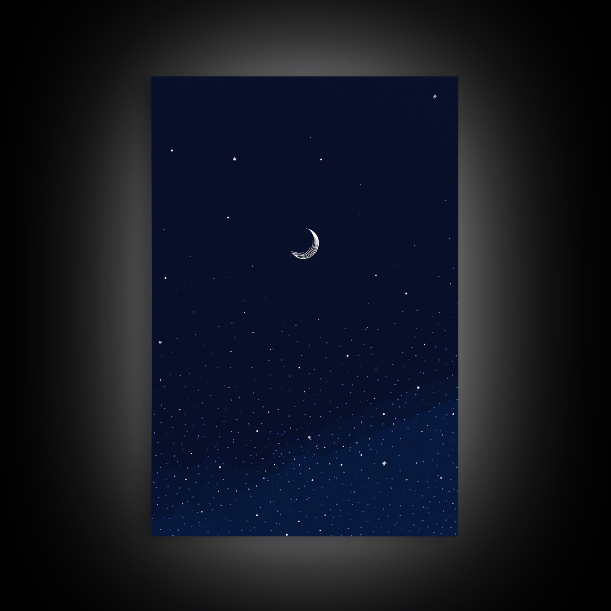 Dark Navy Crescent Moon Wall Art, Starry Sky Minimalist Print, Blue Celestial Decor, Modern Bedroom Poster, Spiritual Gift