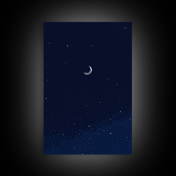 Dark Navy Crescent Moon Wall Art, Starry Sky Minimalist Print, Blue Celestial Decor, Modern Bedroom Poster, Spiritual Gift