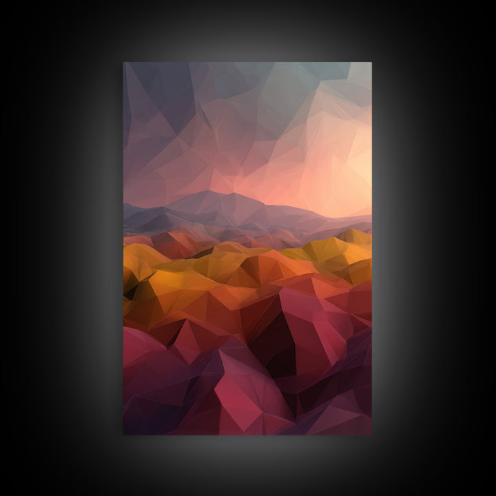 Low Poly Desert Sunset Over Red Hills Framed Canvas Print, Abstract Landscape Wall Art, Southwestern Decor, Modern Poster
