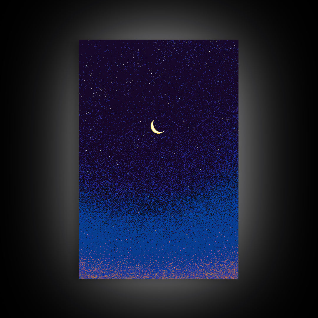 Purple Blue Crescent Moon Canvas Print, Starry Night Sky Wall Art, Celestial Bedroom Decor, Modern Spiritual Poster Gift