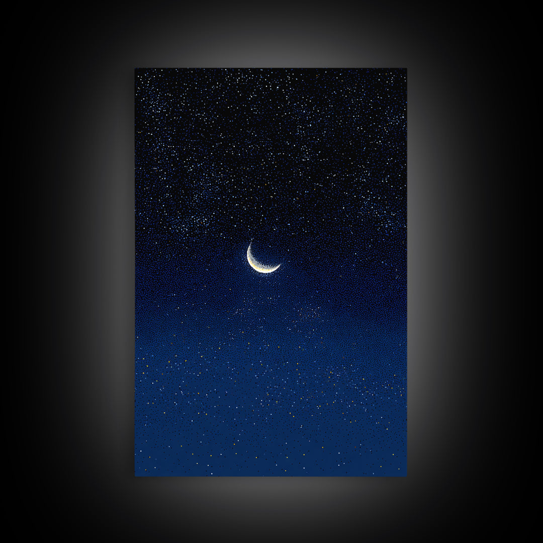 Glowing Crescent Moon Blue Star Field Canvas Print, Celestial Night Sky Poster, Modern Wall Decor, Dreamy Bedroom Art Print