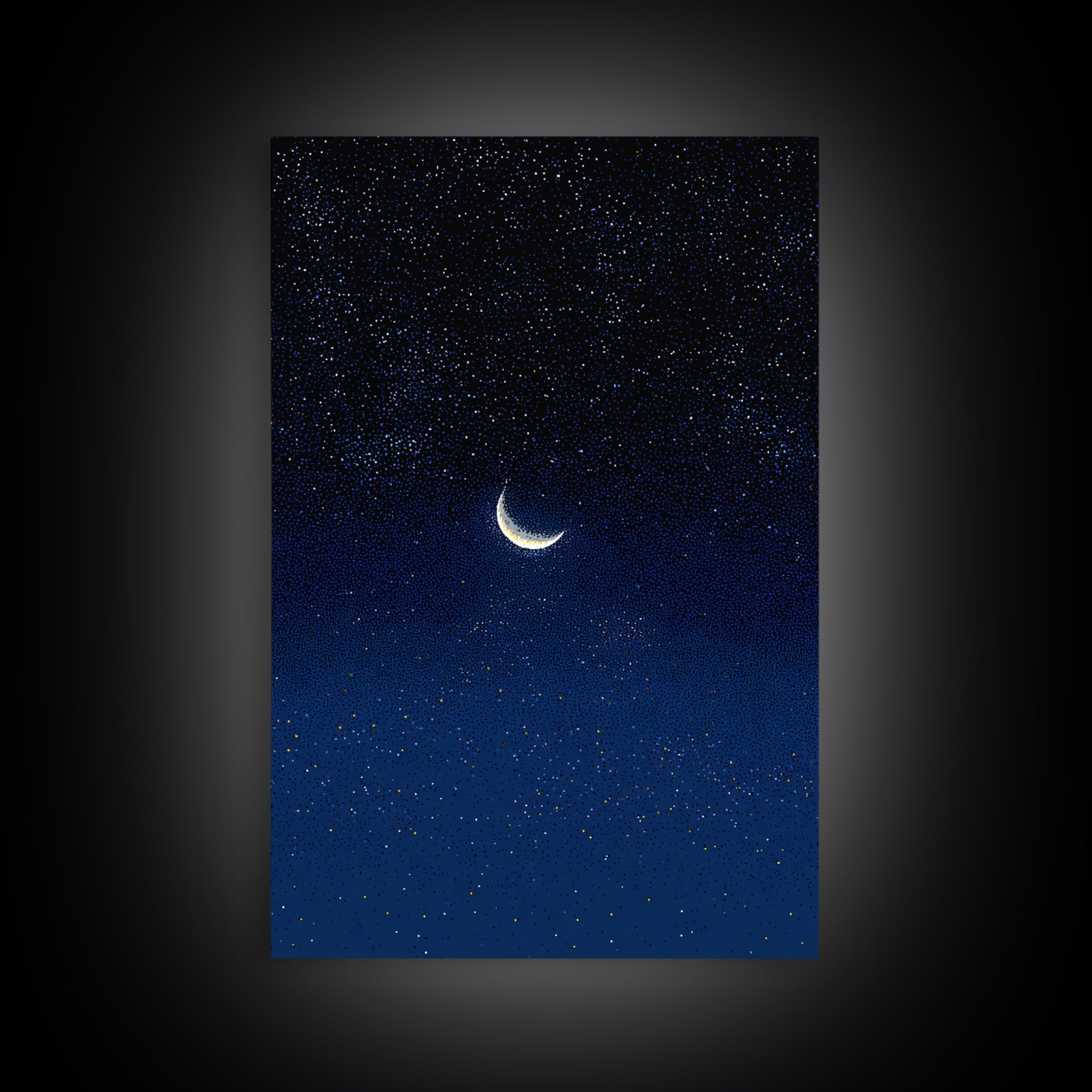 Glowing Crescent Moon Blue Star Field Canvas Print, Celestial Night Sky Poster, Modern Wall Decor, Dreamy Bedroom Art Print