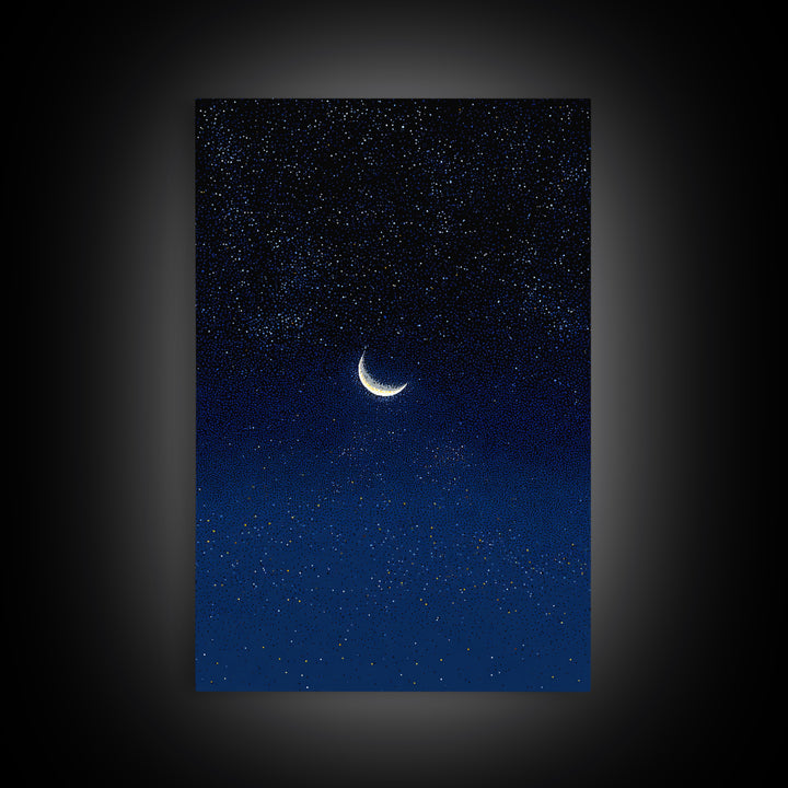 Glowing Crescent Moon Blue Star Field Canvas Print, Celestial Night Sky Poster, Modern Wall Decor, Dreamy Bedroom Art Print