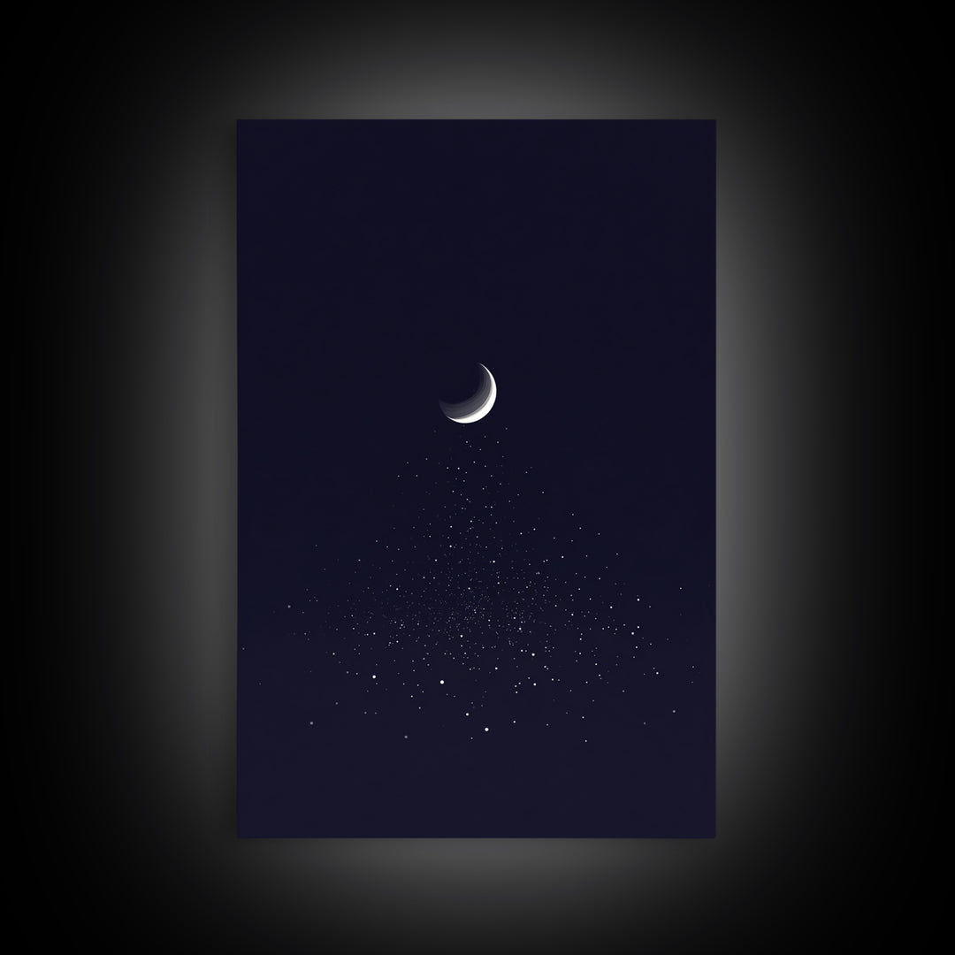 Silver Crescent Moon With Falling Stars Framed Canvas Print, Minimal Celestial Wall Decor, Navy Bedroom Art, Mystical Poster