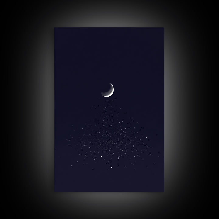 Silver Crescent Moon With Falling Stars Framed Canvas Print, Minimal Celestial Wall Decor, Navy Bedroom Art, Mystical Poster