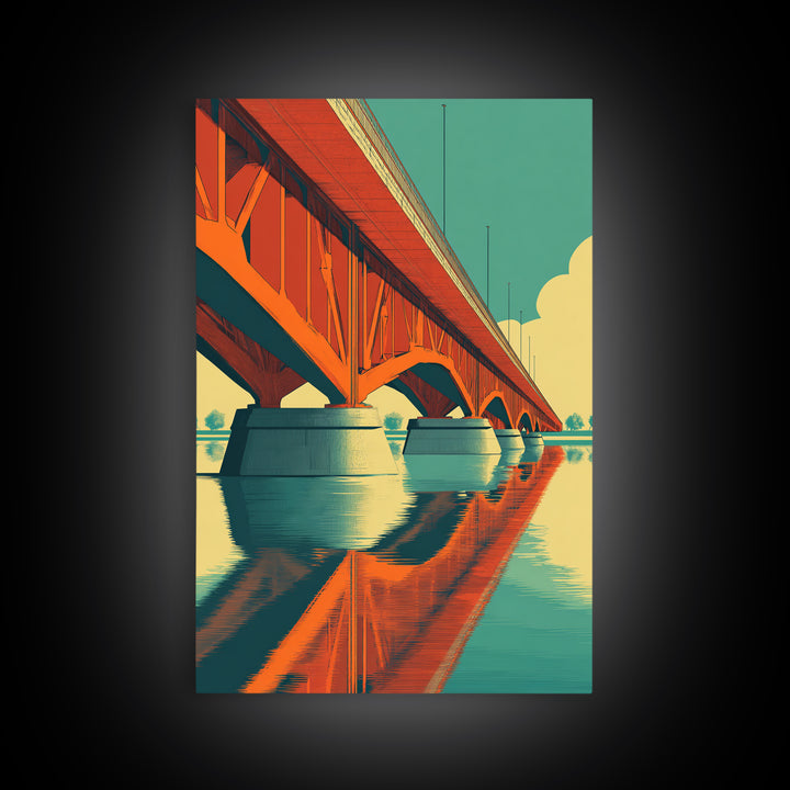 Orange Steel Bridge Reflection Wall Art, Retro Travel Poster, Midcentury Modern Decor, Architectural Art Print For Living Room