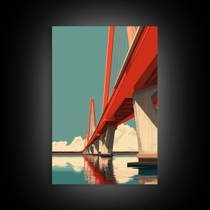 Red Suspension Bridge Over Water Canvas Print, Modern Travel Poster, Architectural Wall Art, Midcentury Decor, Coastal Home Print