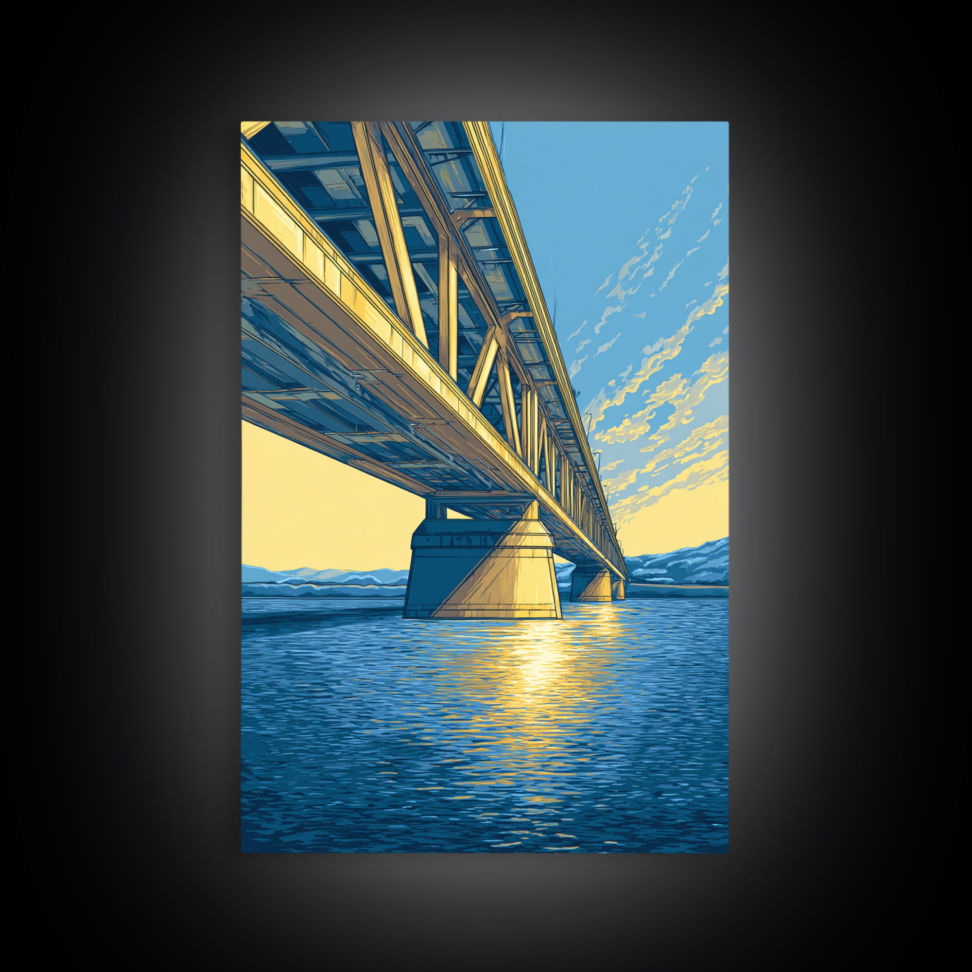 Blue Golden Bridge At Sunset Framed Canvas Print, Scenic Landscape Wall Art, Modern Coastal Decor, Lake House Art Print Gift