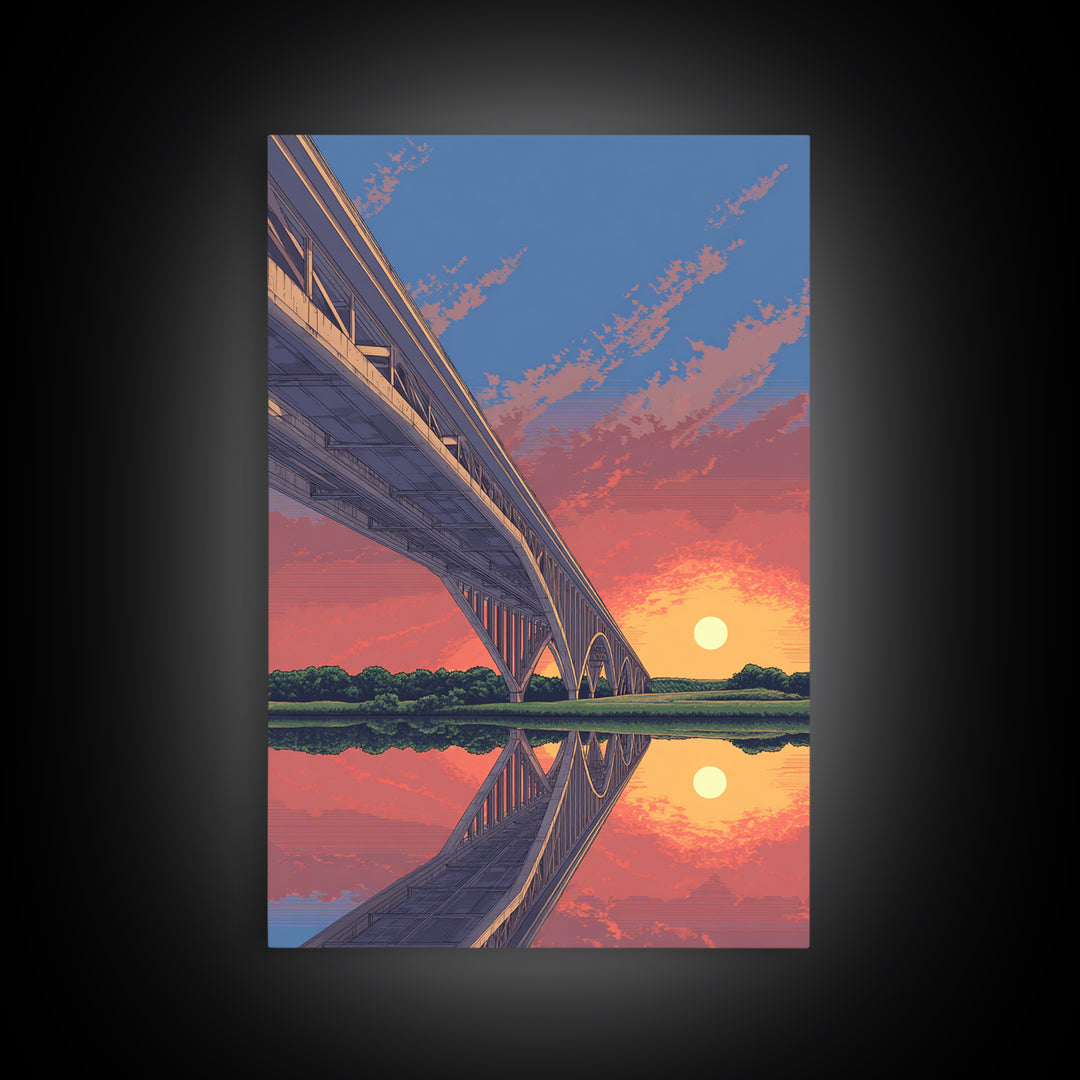 Sunset Bridge Reflection Wall Art, Pink Orange Sky Landscape Poster, Retro Travel Print, Modern Home Decor, Scenic Canvas Print