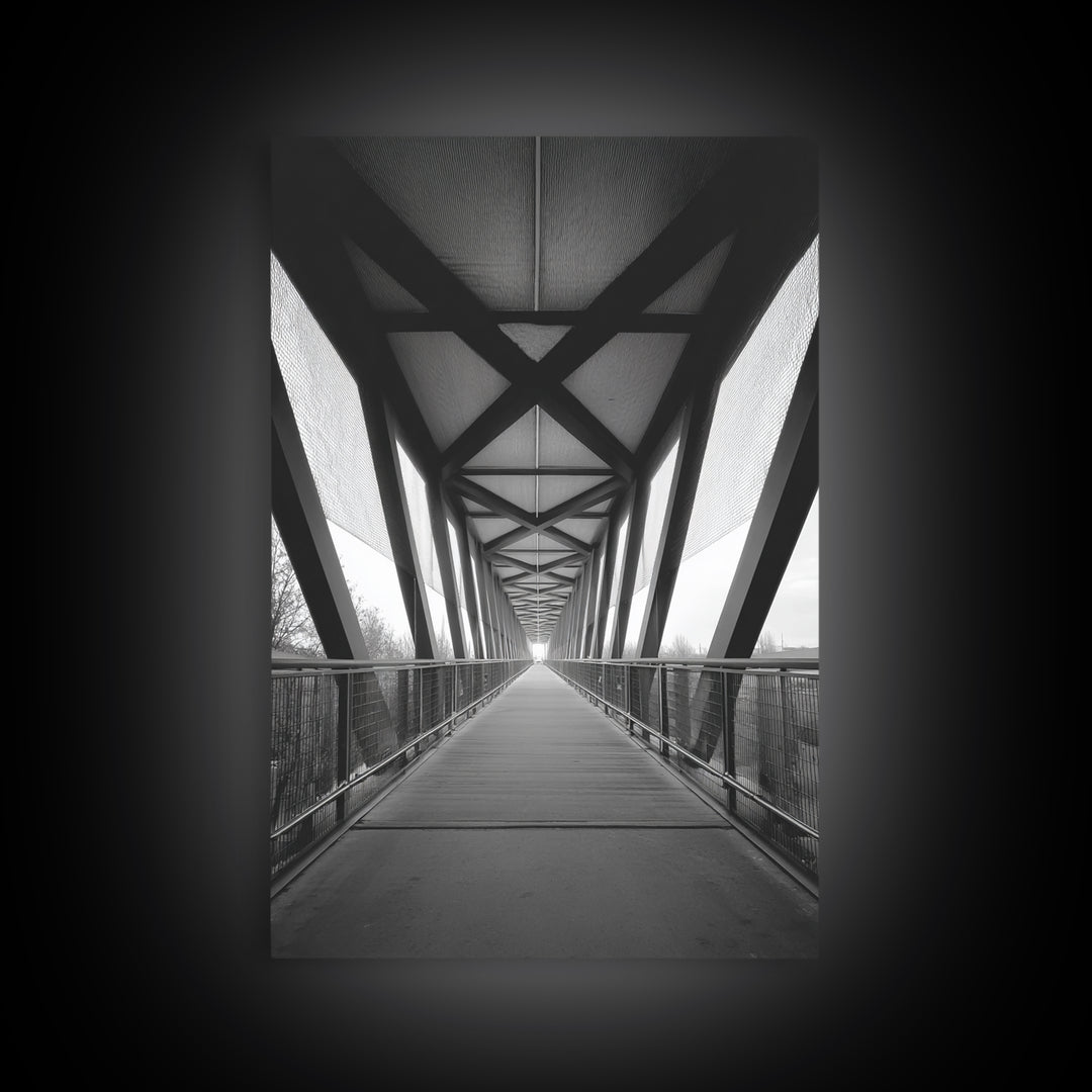Black And White Pedestrian Bridge Wall Art, Architectural Perspective Print, Modern Office Decor, Minimalist Framed Canvas Print