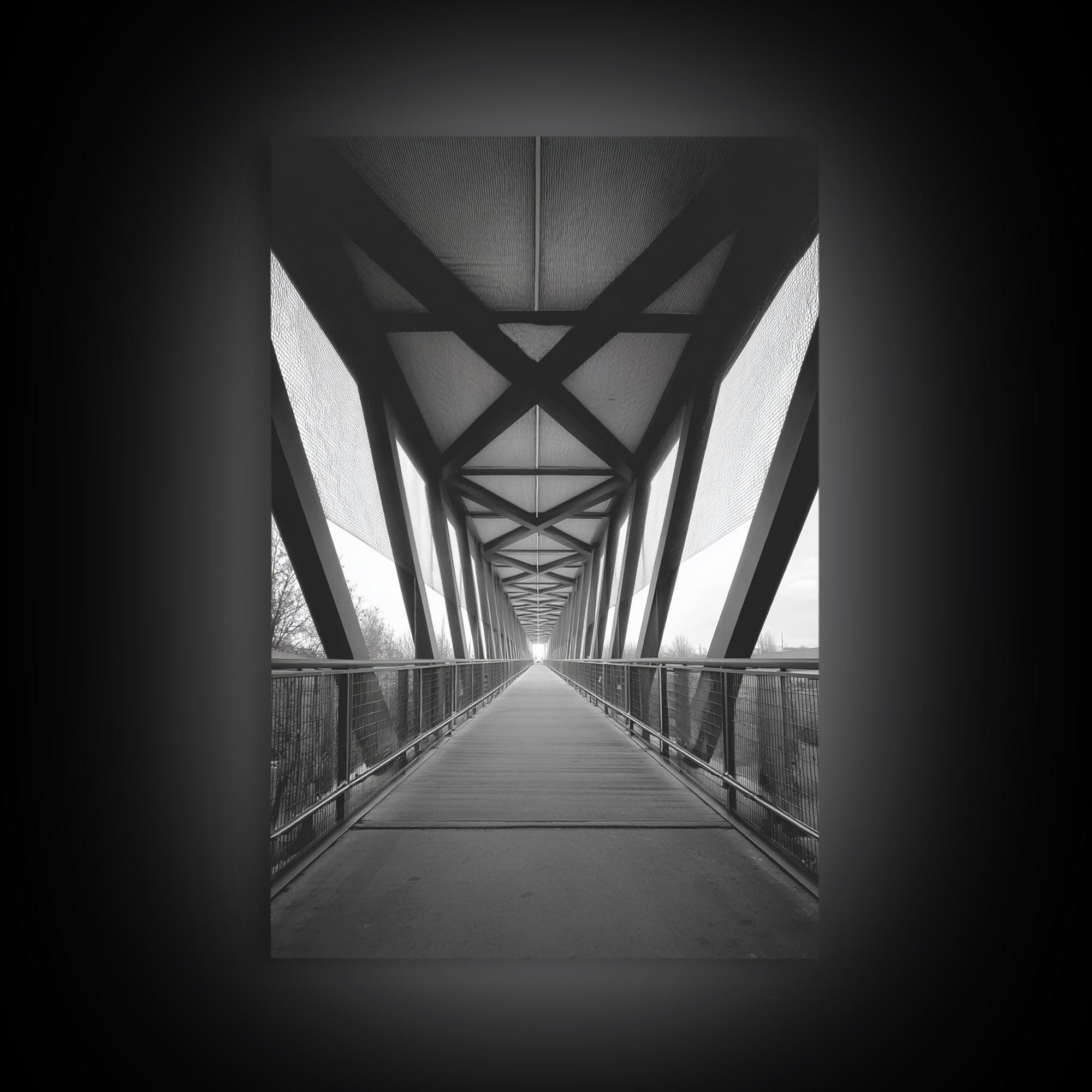 Black And White Pedestrian Bridge Wall Art, Architectural Perspective Print, Modern Office Decor, Minimalist Framed Canvas Print