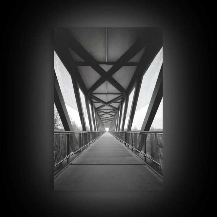 Black And White Pedestrian Bridge Wall Art, Architectural Perspective Print, Modern Office Decor, Minimalist Framed Canvas Print