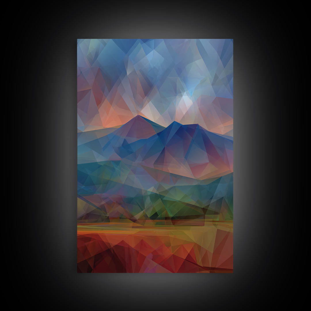Low Poly Blue Mountain Peaks At Dusk Canvas Print, Abstract Landscape Wall Art, Modern Home Decor, Scenic Nature Poster Print