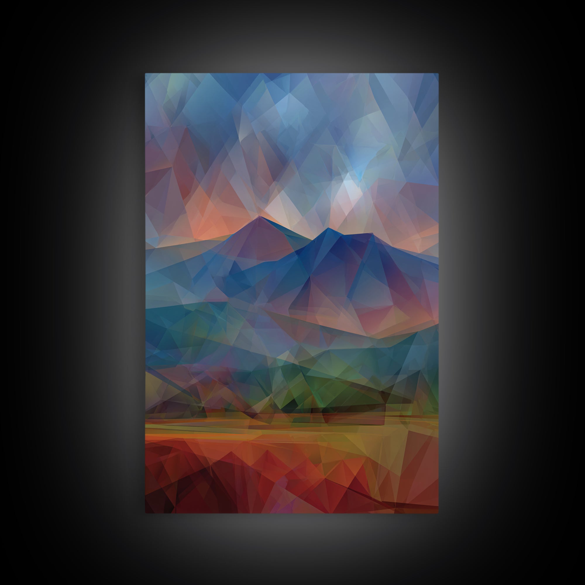 Low Poly Blue Mountain Peaks At Dusk Canvas Print, Abstract Landscape Wall Art, Modern Home Decor, Scenic Nature Poster Print