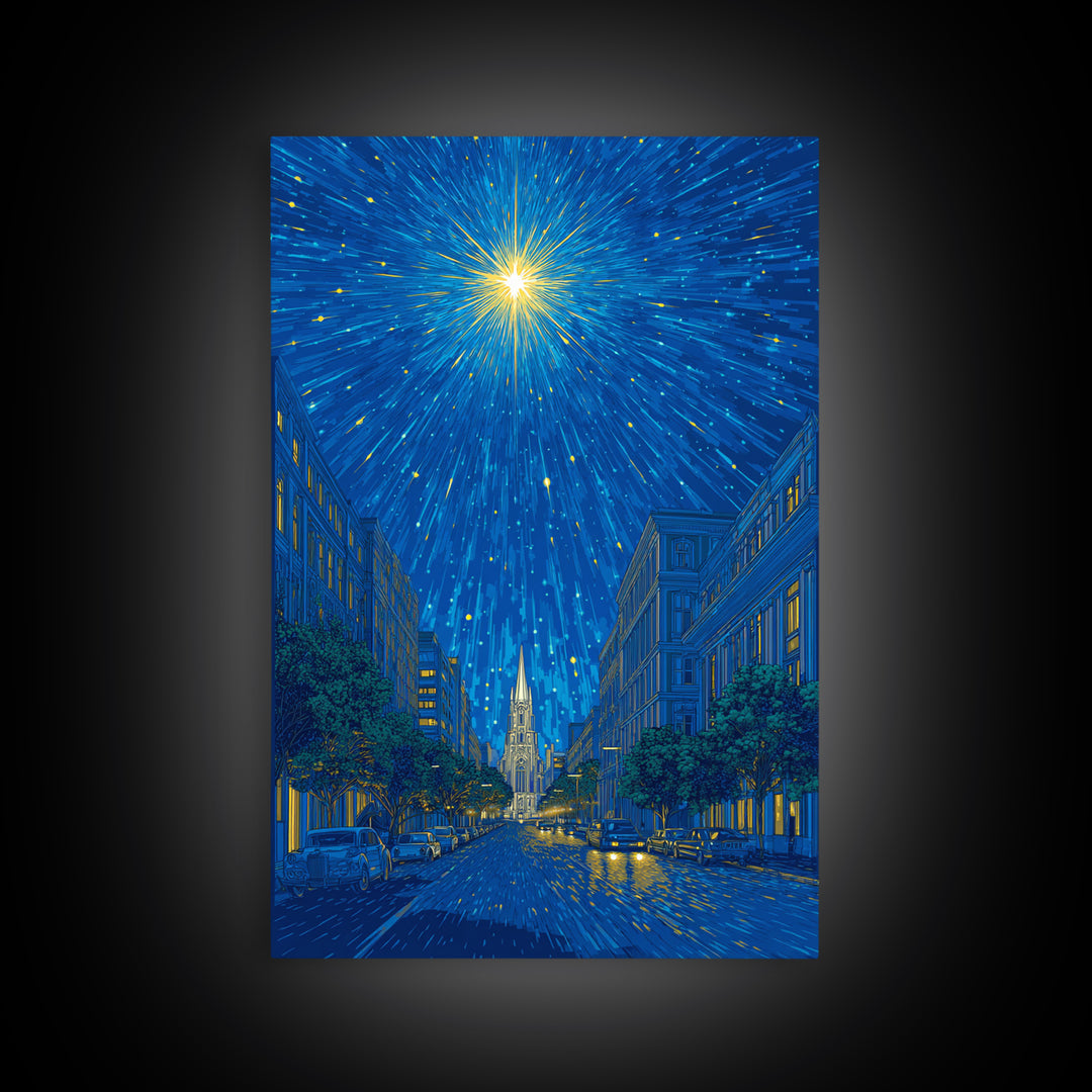 Radiant Starburst Above Blue City Street Canvas Print, Night Skyline Wall Art, Modern Travel Poster, Gothic Cathedral Decor