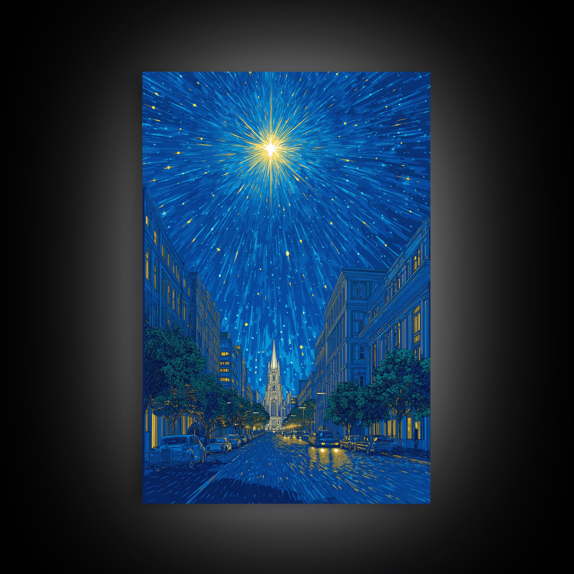 Radiant Starburst Above Blue City Street Canvas Print, Night Skyline Wall Art, Modern Travel Poster, Gothic Cathedral Decor