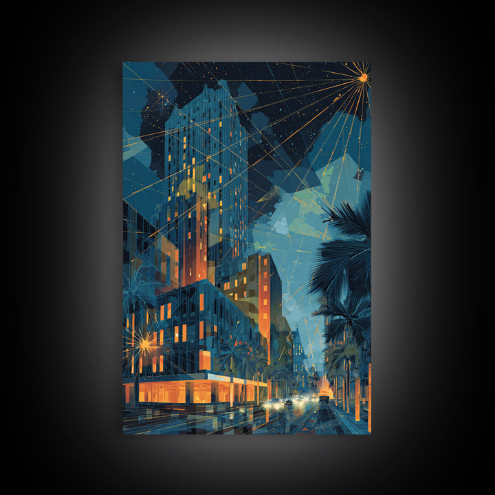 Glowing Art Deco Night City With Palms Wall Art, Mid Century Modern Poster, Retro Urban Decor, Blue Orange Living Room Print