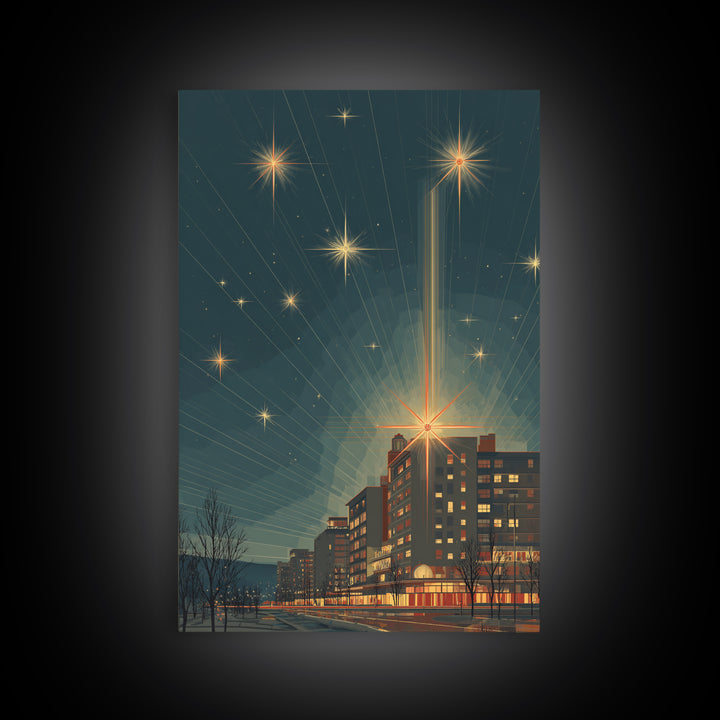 Radiant Starburst Skyline Over Waterfront Wall Art, Mid Century Modern City Print, Retro Night Decor, Office Poster Gift