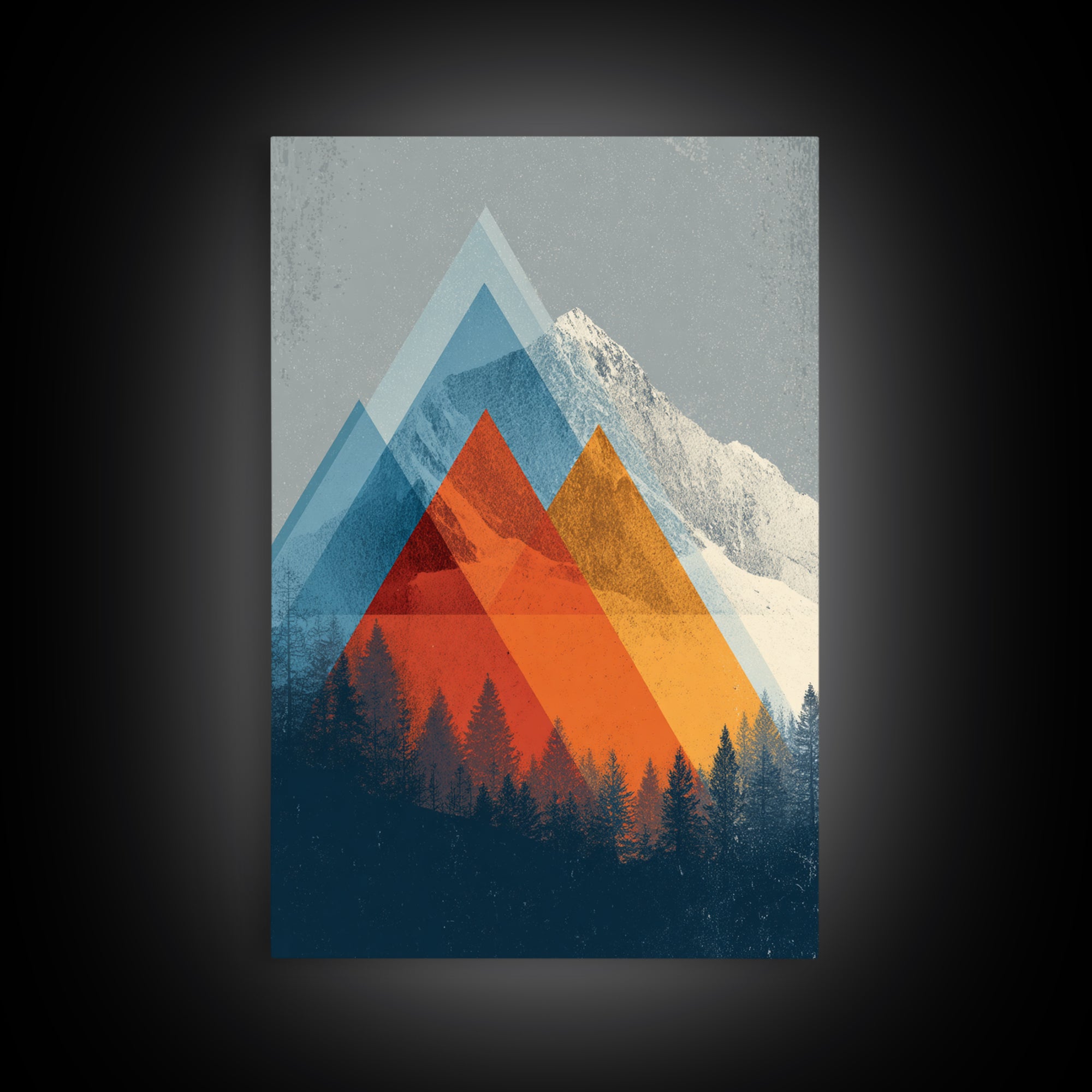 Snowy Alpine Peak With Orange Blue Triangles Framed Canvas Print, Mid Century Modern Wall Art, Forest Landscape Decor Print