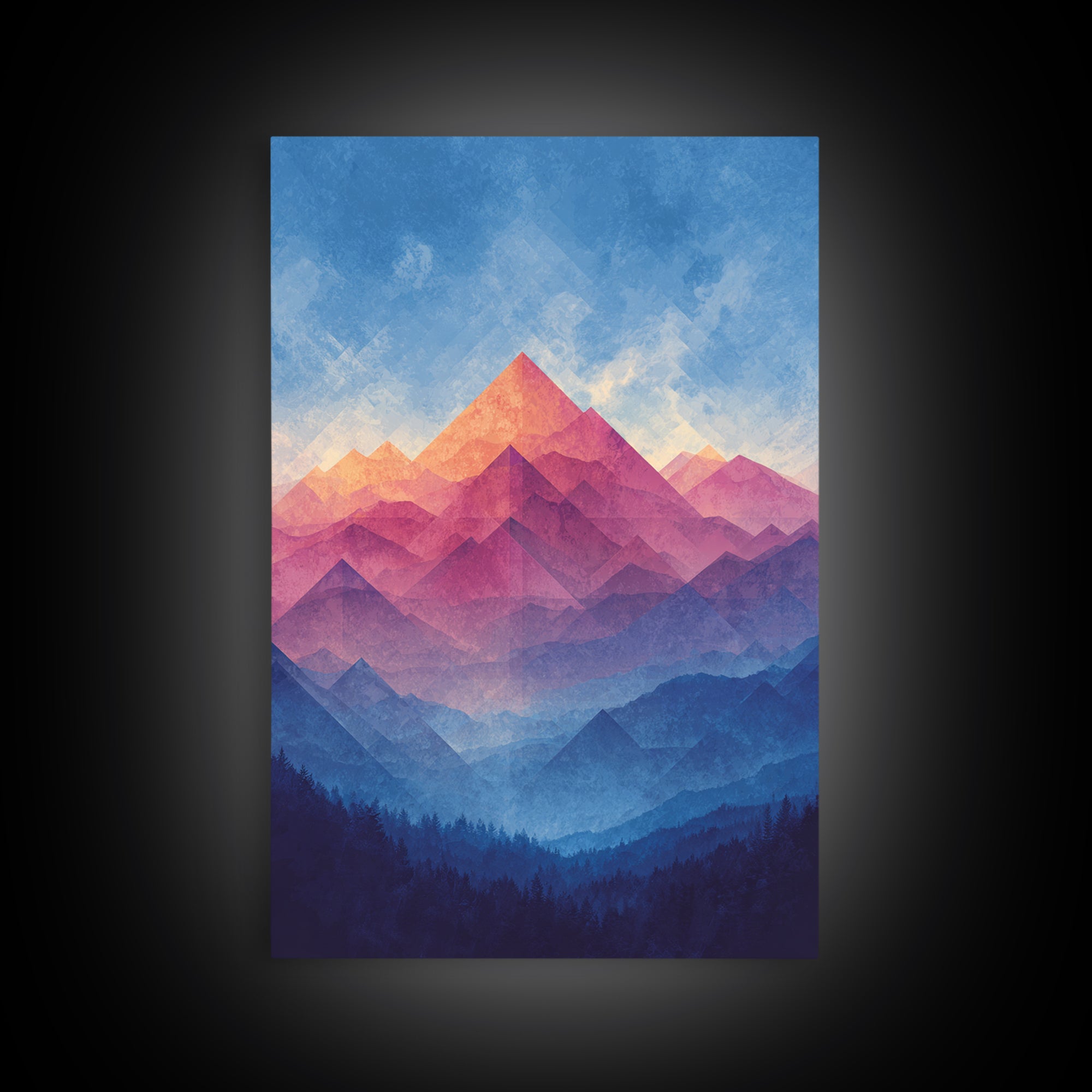 Pink And Blue Layered Mountain Sunset Wall Art, Mid Century Modern Abstract Landscape Print, Colorful Bedroom Decor Gift