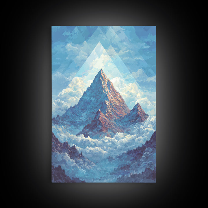 Snowy Peak Rising Above Clouds Framed Canvas Print, Mid Century Modern Wall Art, Blue Mountain Landscape Office Decor Poster