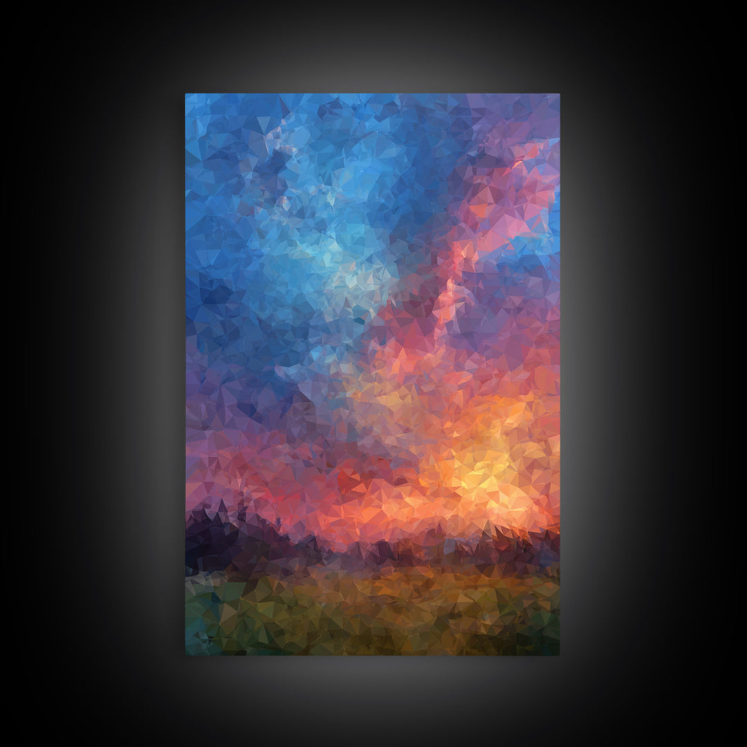 Polygon Sunset Sky With Blue Pink Clouds Wall Art, Colorful Landscape Poster, Abstract Nature Art, Modern Bedroom Decor Print