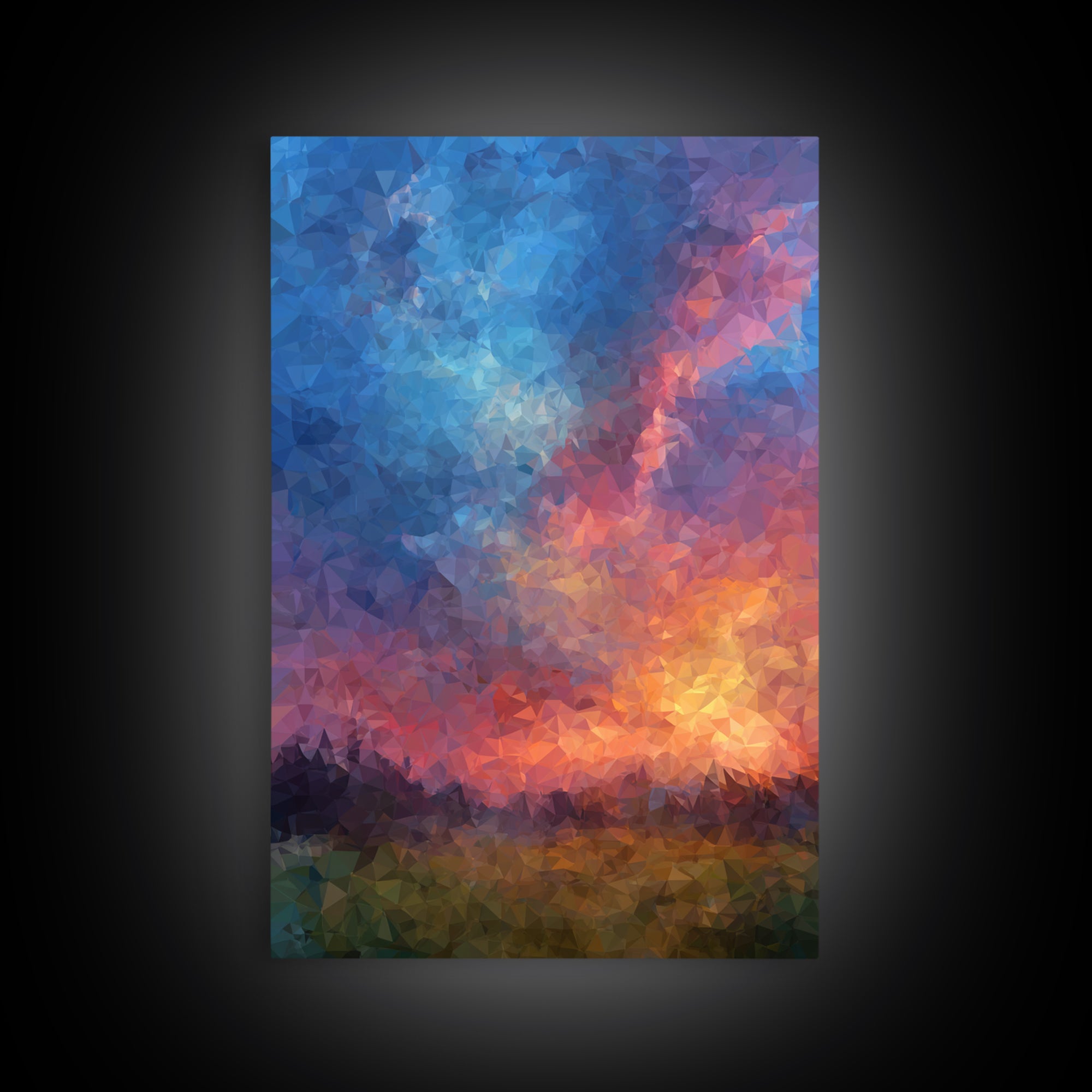 Polygon Sunset Sky With Blue Pink Clouds Wall Art, Colorful Landscape Poster, Abstract Nature Art, Modern Bedroom Decor Print