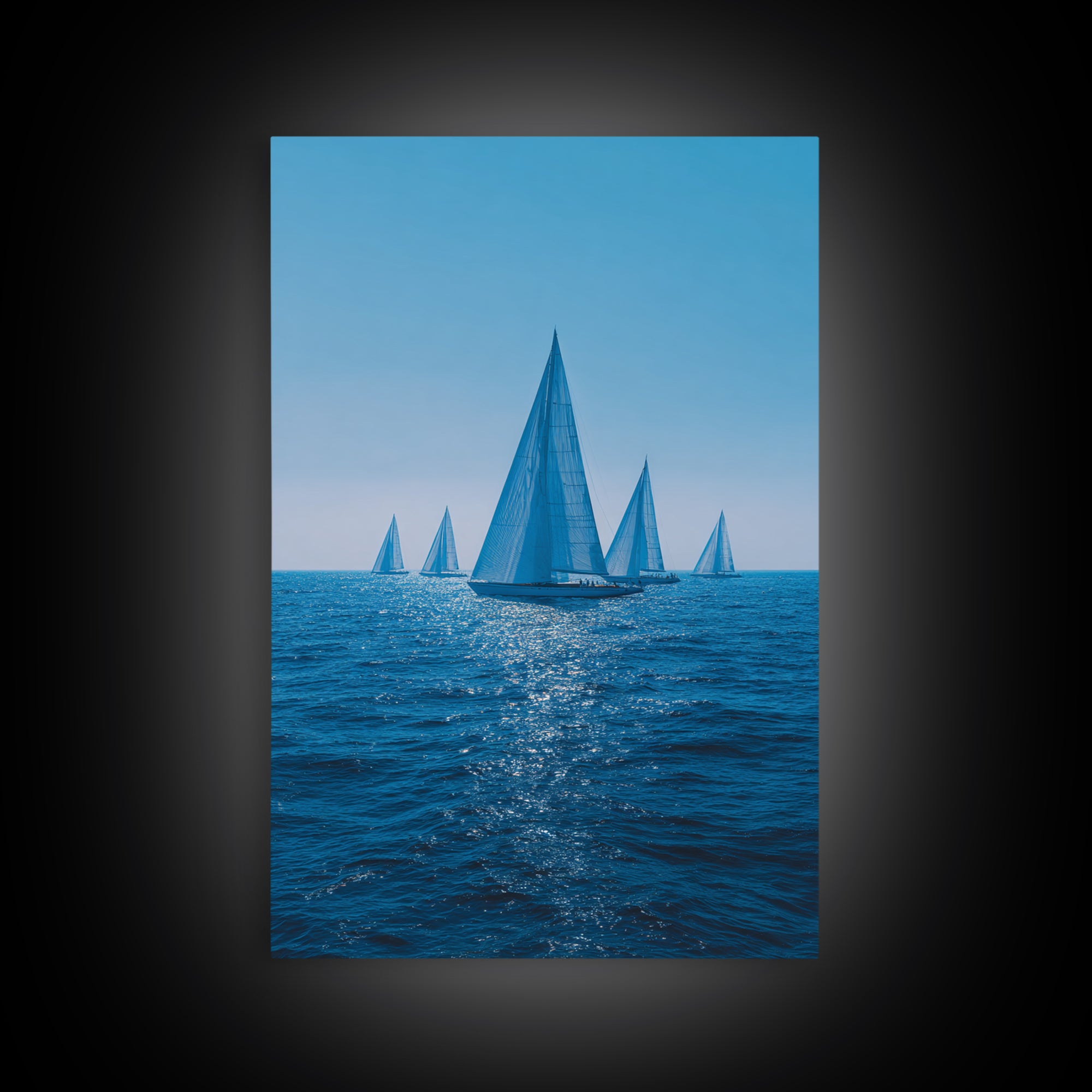 Blue Sailboats On Sparkling Ocean Wall Art, Mid Century Modern Canvas Print, Nautical Coastal Decor, Beach House Poster Gift