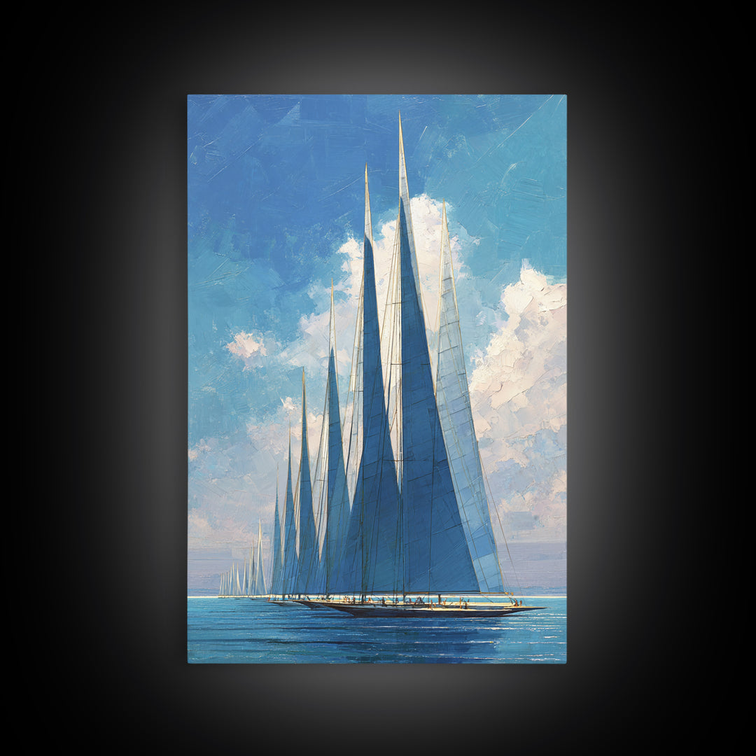 Blue Sailboat Fleet On Sparkling Sea Wall Art, Nautical Coastal Decor, Modern Art Print, Living Room Ocean Canvas, Boat Lover Gift