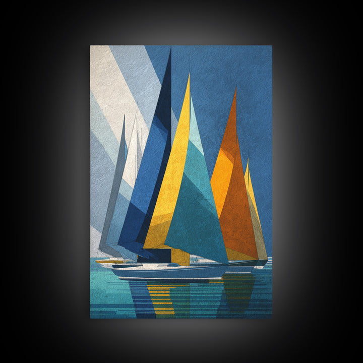 Geometric Sailboats With Yellow And Orange Sails Canvas Print, Midcentury Modern Wall Art, Coastal Nautical Decor, Boat Lover Gift