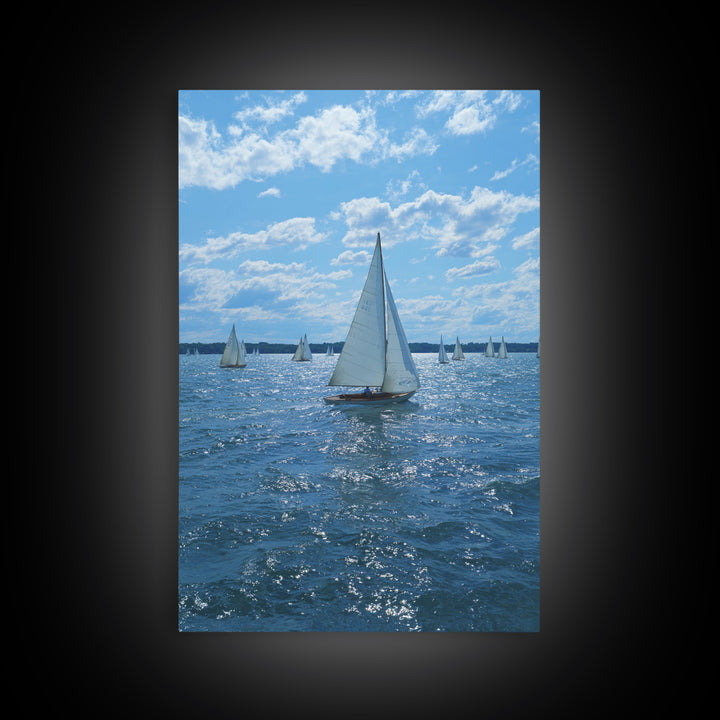White Sailboats On Sparkling Blue Lake Wall Art, Coastal Travel Poster, Nautical Living Room Decor, Boat Lover Gift, Office Decor