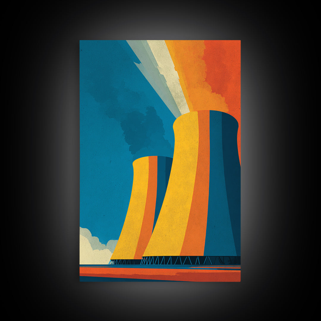 Orange Teal Cooling Towers Canvas Print, Industrial Architecture Wall Art, Retro Modern Decor, Bold Energy Poster, Office Statement Piece