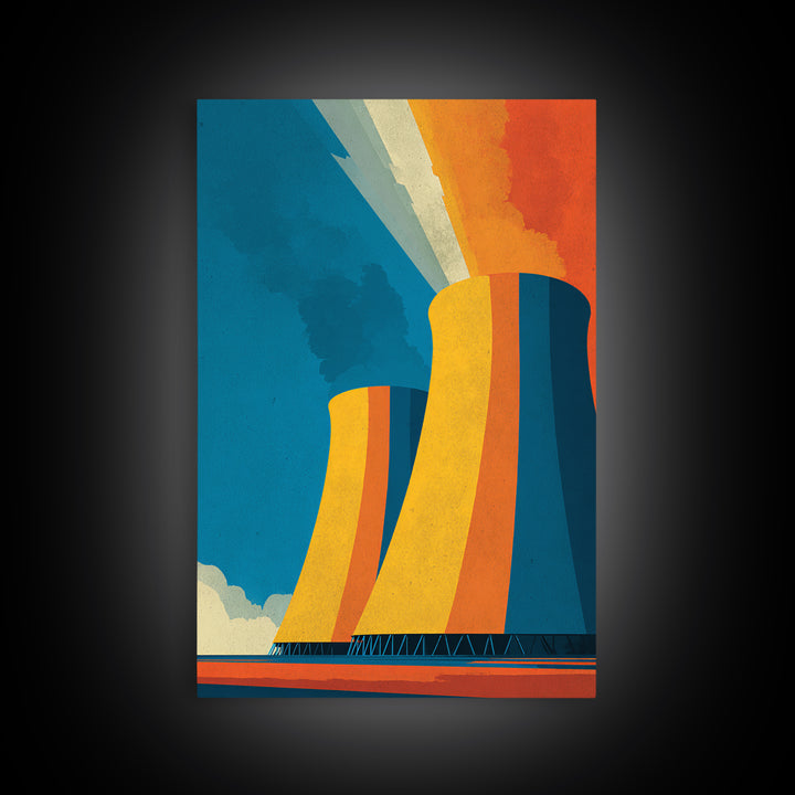 Orange Teal Cooling Towers Canvas Print, Industrial Architecture Wall Art, Retro Modern Decor, Bold Energy Poster, Office Statement Piece