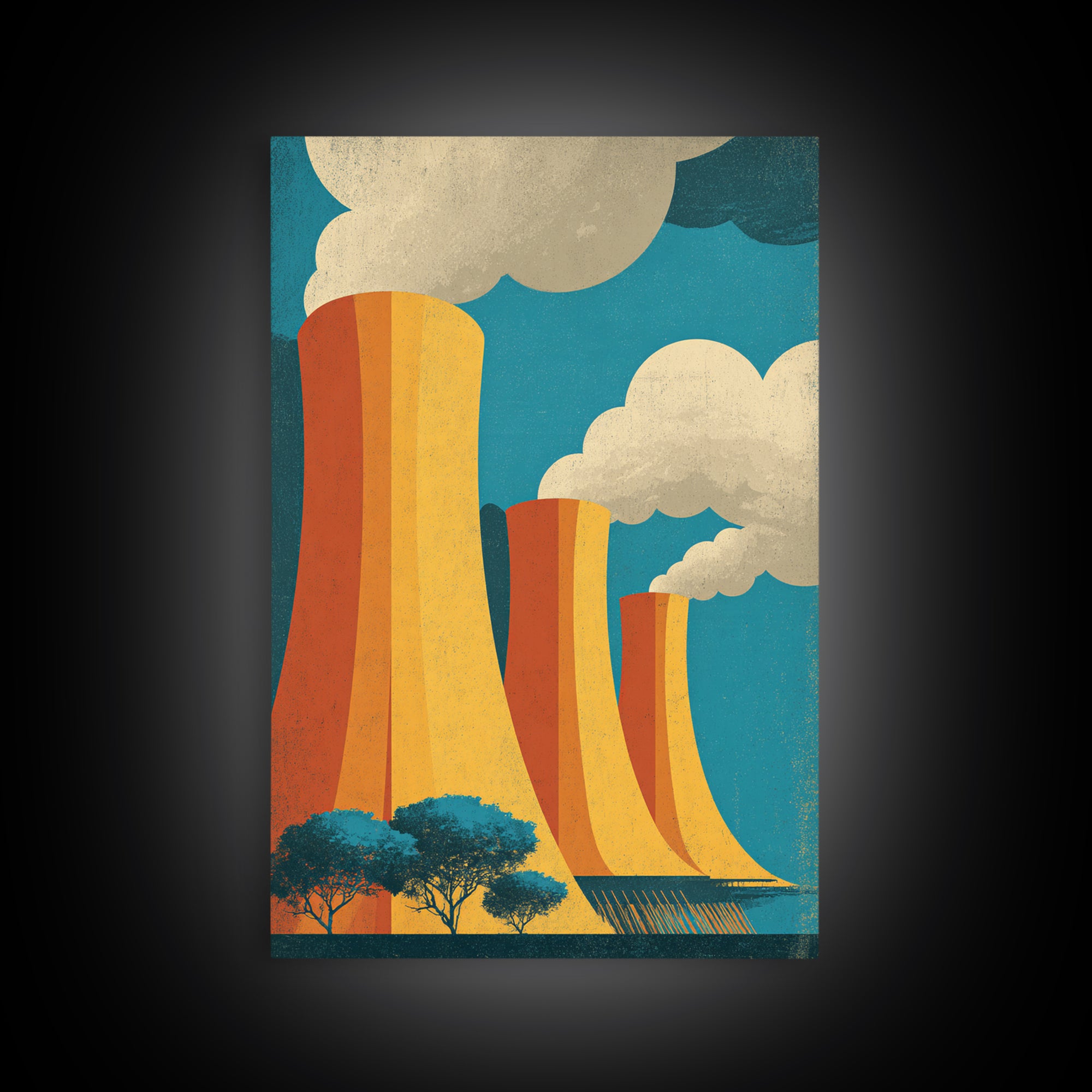 Three Orange Cooling Towers With Steam Framed Canvas Print, Industrial Wall Art, Retro Modern Decor, Power Plant Posters