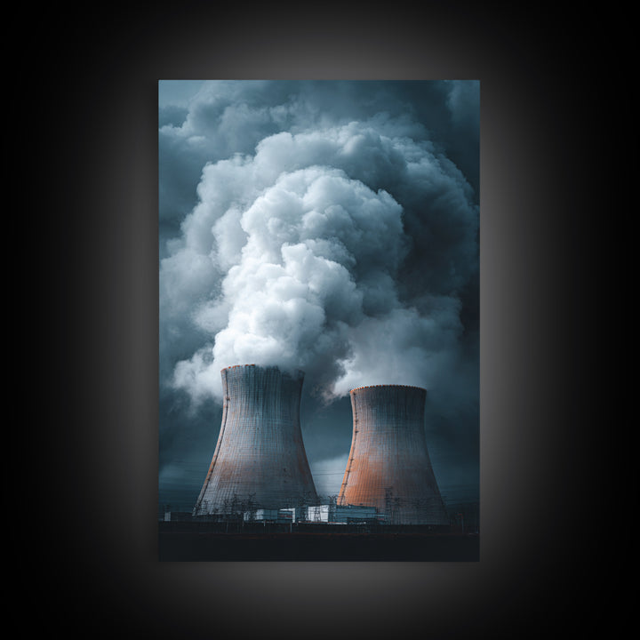 Dark Cooling Towers Under Storm Clouds Wall Art, Industrial Photography Print, Modern Office Decor, Dramatic Power Plant