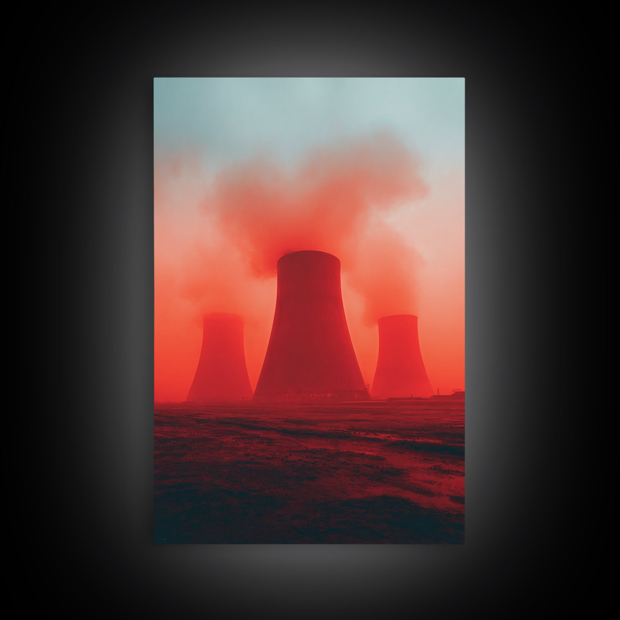 Red Fog Cooling Towers At Dusk Canvas Print, Industrial Landscape Wall Art, Moody Modern Decor, Power Plant Poster, Statement Piece