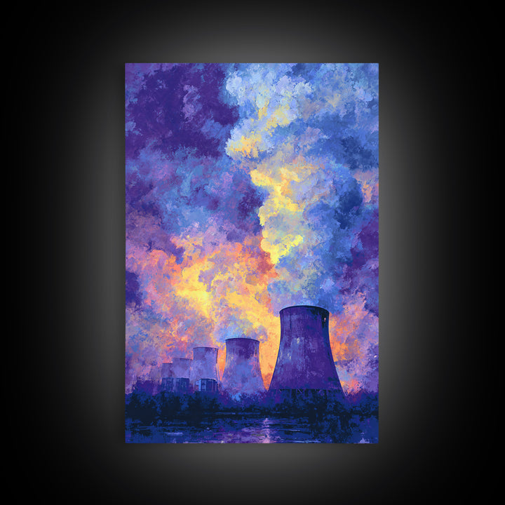 Purple Sunset Cooling Towers With Colorful Smoke Wall Art, Industrial Modern Art Print, Dramatic Office Decor, Energy Poster