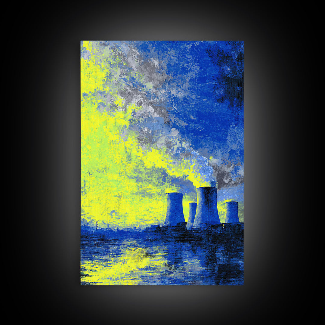 Blue Yellow Power Plant Across Water Canvas Print, Industrial Wall Art, Modern Abstract Decor, Bold Office Poster, Statement Piece