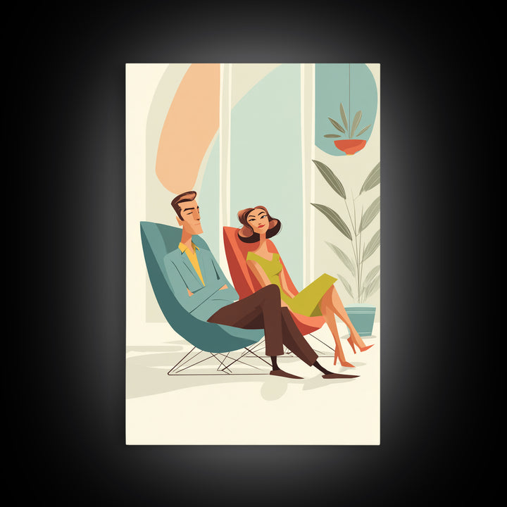 Elegant Midcentury Couple In Teal Chair Framed Canvas Print, Modern Wall Art, Retro Home Decor, MCM Gallery Wall Print Gift