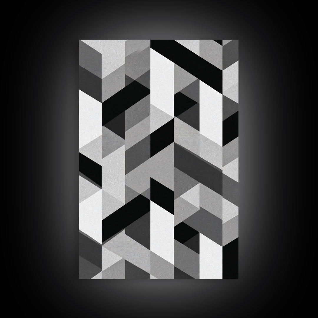 Grayscale Cubist Geometric Pattern Wall Art, Modern Abstract Art Print, Black White Office Decor, MCM Home Decor Canvas Print