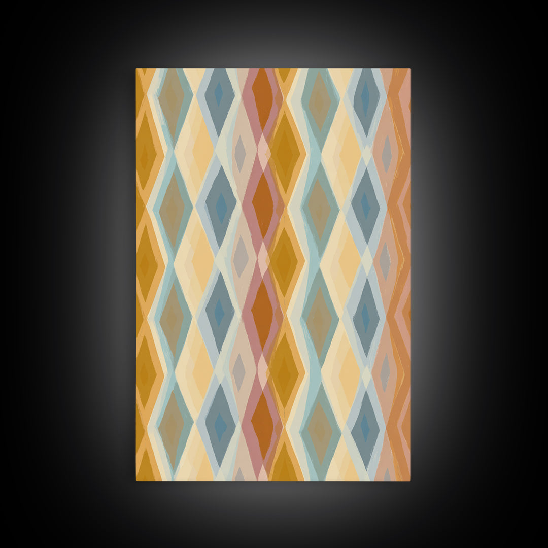 Pastel Argyle Diamond Pattern Wall Art, Mid Century Modern Geometric Print, Retro Abstract Decor, Mustard Blue Canvas Home Decor