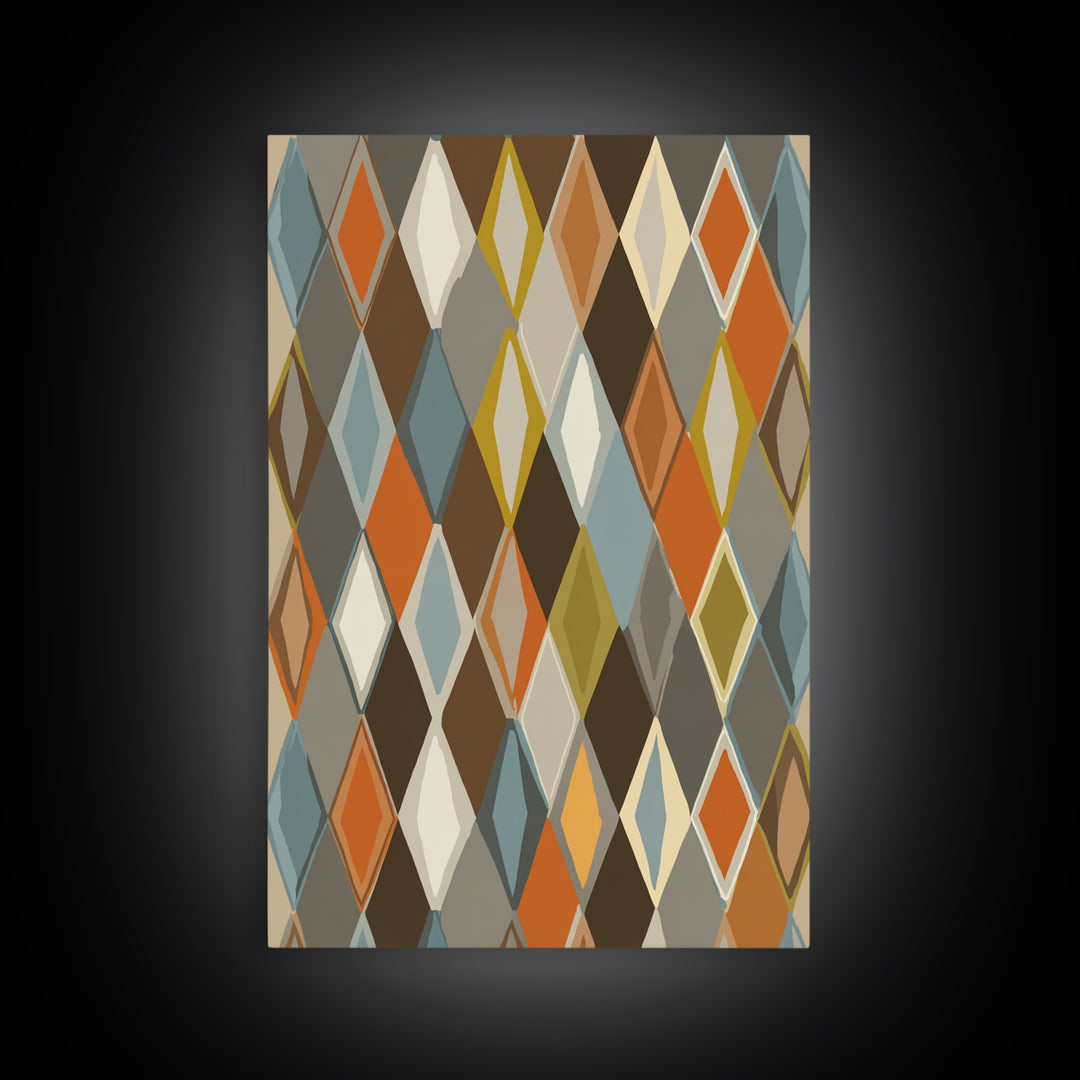 Earthy Argyle Diamond Pattern Framed Canvas Print, Mid Century Modern Wall Decor, Retro Geometric Abstract Art, Orange Blue