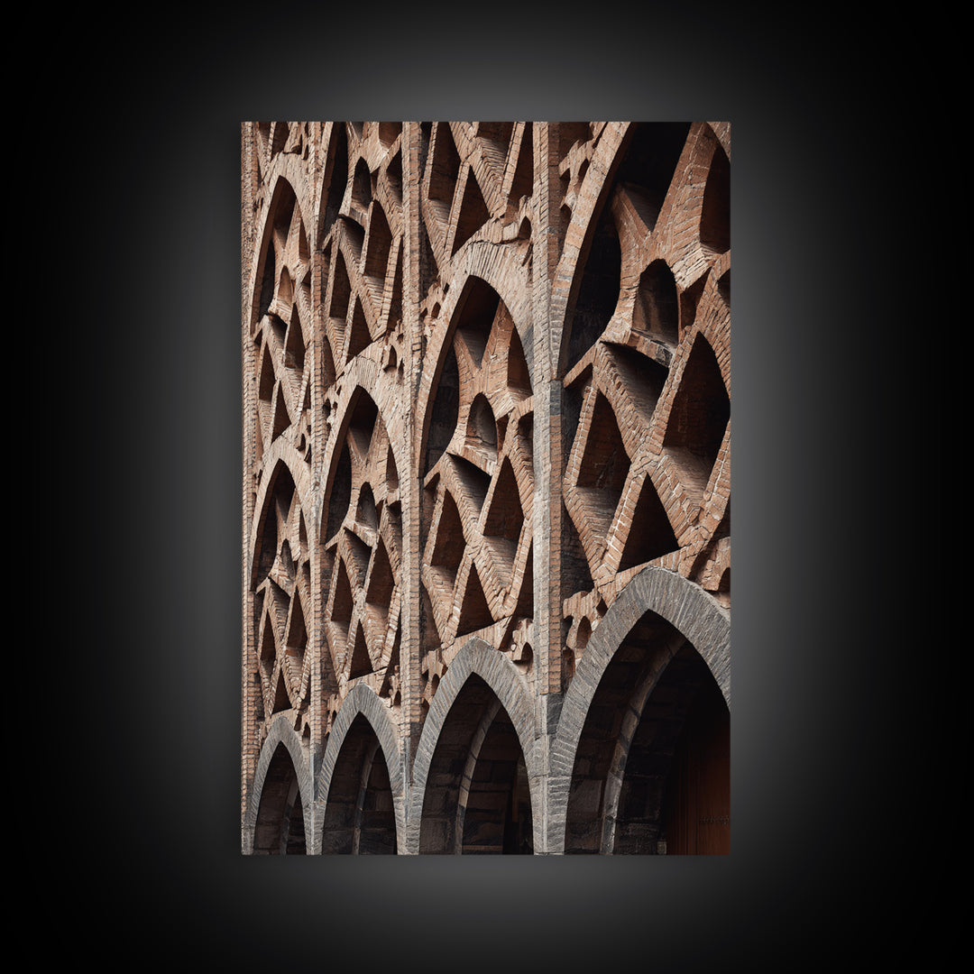 Brick Arch Facade Architecture Canvas Print, Geometric Gothic Arches Wall Decor, Modern Rustic Photo Art, Brown Black Texture