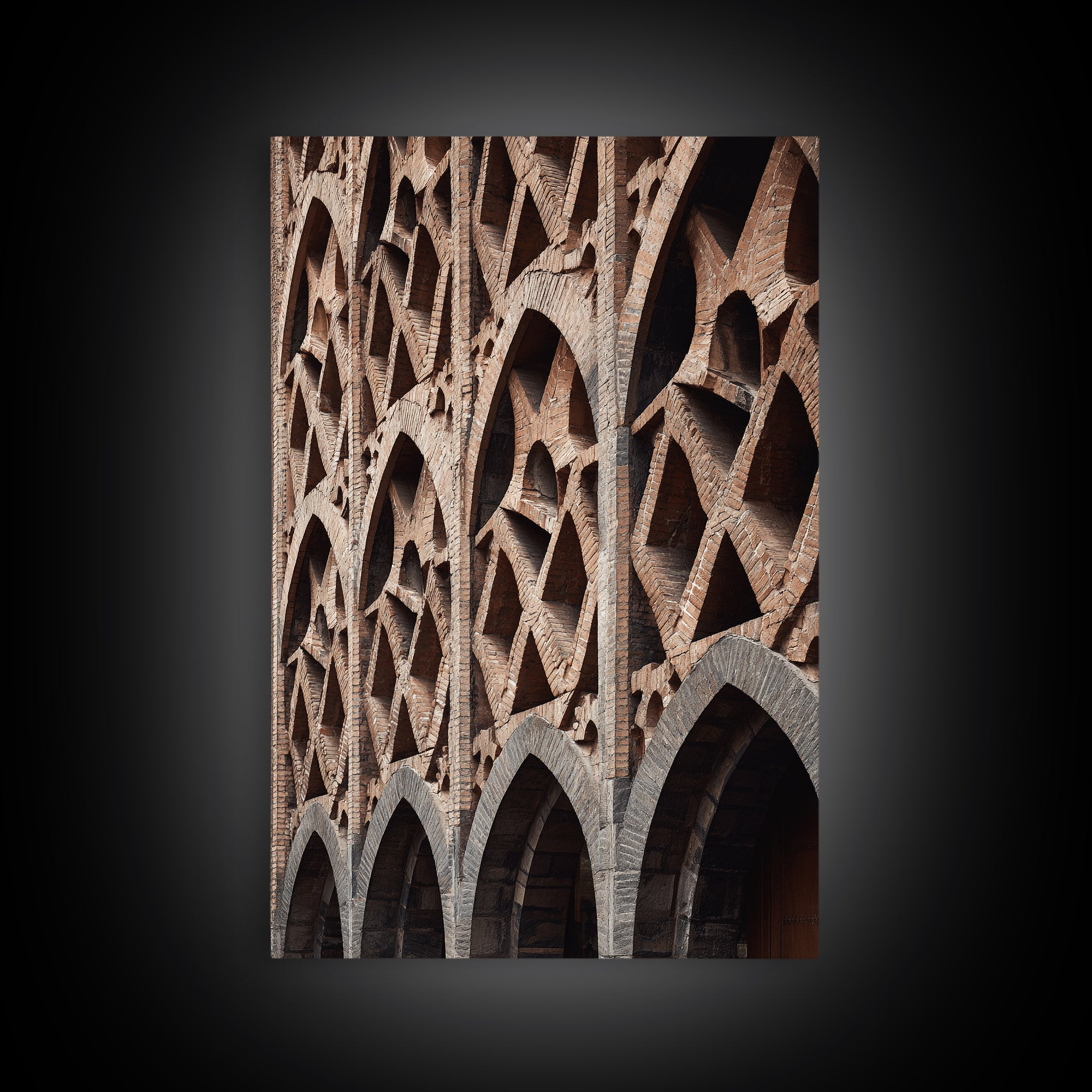 Brick Arch Facade Architecture Canvas Print, Geometric Gothic Arches Wall Decor, Modern Rustic Photo Art, Brown Black Texture
