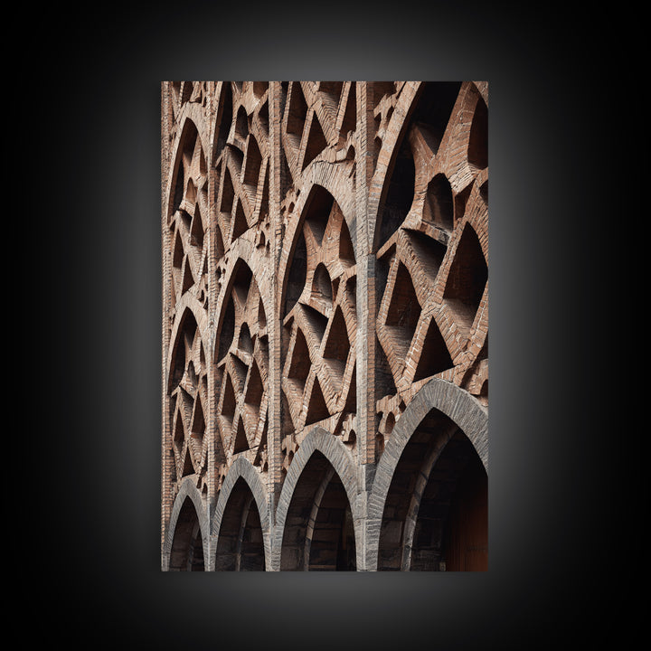 Brick Arch Facade Architecture Canvas Print, Geometric Gothic Arches Wall Decor, Modern Rustic Photo Art, Brown Black Texture