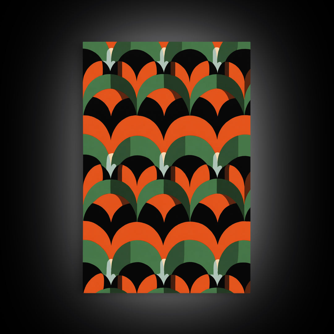 Orange Green Art Deco Fan Pattern Wall Art, Mid Century Modern Abstract Print, Retro Scallop Decor, Bold Black Canvas Home Decor