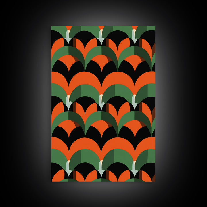 Orange Green Art Deco Fan Pattern Wall Art, Mid Century Modern Abstract Print, Retro Scallop Decor, Bold Black Canvas Home Decor