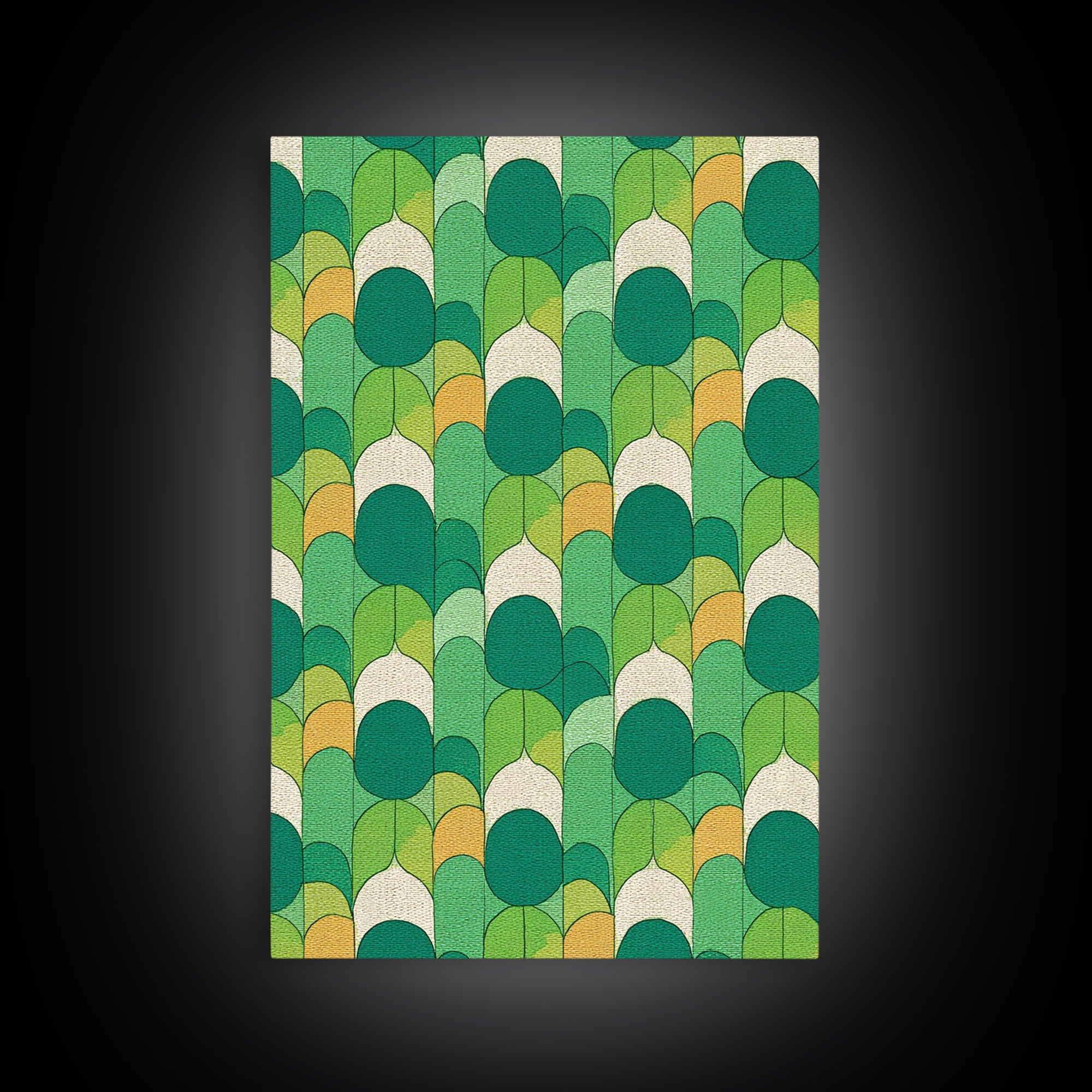 Green Botanical Oval Leaf Pattern Canvas Print, Mid Century Modern Wall Decor, Retro Nature Art, Textured Sage Teal Yellow
