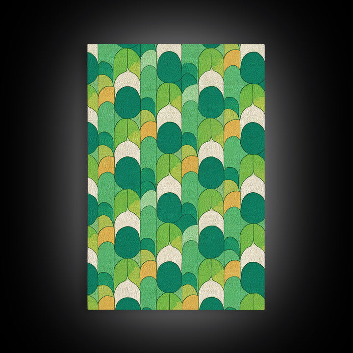 Green Botanical Oval Leaf Pattern Canvas Print, Mid Century Modern Wall Decor, Retro Nature Art, Textured Sage Teal Yellow